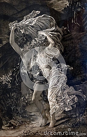 Copy by Angelica Laurnito of `The Storm` by Pierre-Auguste Cot in the Pena Palace in Sintra, Portugal. Editorial Stock Photo