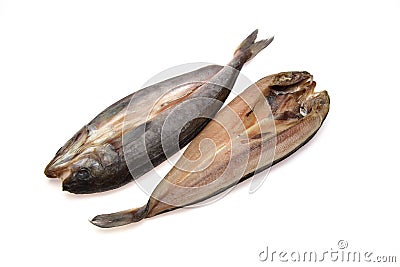 Cut open and dried Atka mackerel in white background Stock Photo