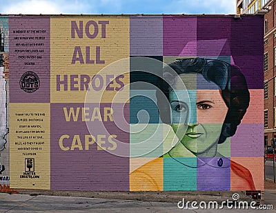 Dedication mural to all nurses, doctors, and first responders to COVID 19 by Hunter Creates in Deep Ellum in East Dallas, Texas. Editorial Stock Photo