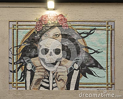 Dia de los Muertos mural by Kolby Anderson in an alley by the building of Living Arts of Tulsa. Editorial Stock Photo