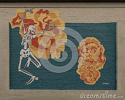 Dia de los Muertos mural by Sally Ramirez in an alley by the building of Living Arts of Tulsa, Oklahoma. Editorial Stock Photo