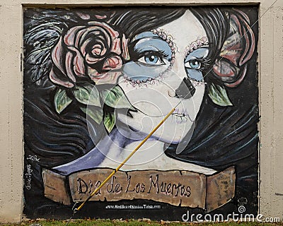 Dia de los Muertos mural by Tulsa artist Charles Caleb Burgess in an alley by the building of Living Arts of Tulsa, Oklahoma. Editorial Stock Photo