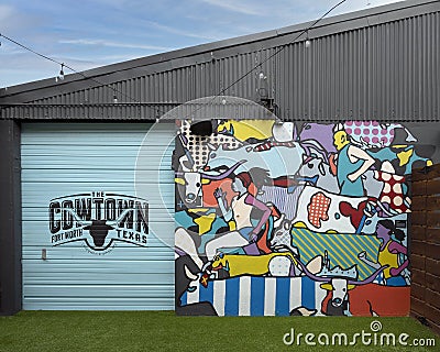 `Cowtown Mural`, an enamel mural by Katie Murray in the Foundry District`s Inspirational Alley in Fort Worth, Texas. Editorial Stock Photo