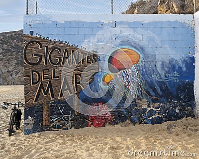 End title wall of a mural titled Sea Giants on the wall of an old tuna factory on Cosario Beach in Cabo San Lucas. Editorial Stock Photo