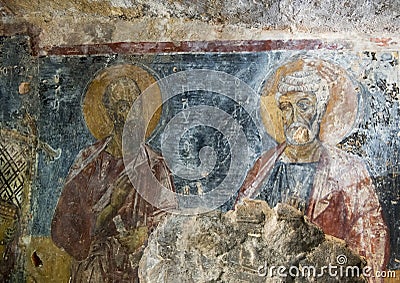 Fresco Saints Paul and Peter the Apostles, La Chiesa di San Lorenzo, Parco Rupestre Lama D`Antico Stock Photo