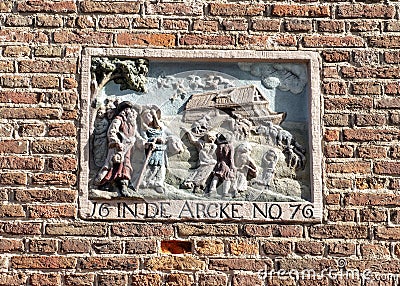 Gable Stone depicting biblical story of Noah`s ark, Amsterdam, The Netherlands Stock Photo