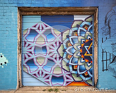 Geometric, abstract and colorful mural in Deep Ellum, Texas, part of the Blues Alley project. Editorial Stock Photo