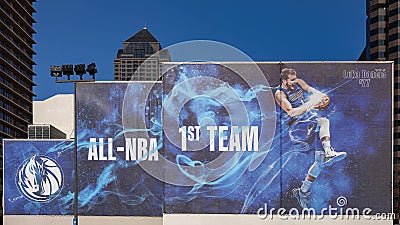 Giant outdoor art piece featuring Luka Doncic selection to the All-NBA 1st team in 2020. Editorial Stock Photo
