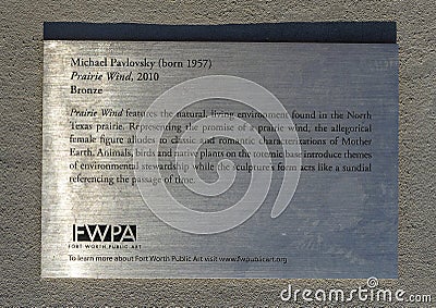 Information plaque `Prairie Wind` by Michael Pavlosvky in CP Hadley Park in Fort Worth, Texas. Editorial Stock Photo
