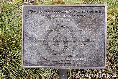 Information plaque for bronze statue of Benito Juarez in the Benito Juarez Parque de Heroes, a Dallas City Park in Dallas, Texas Editorial Stock Photo