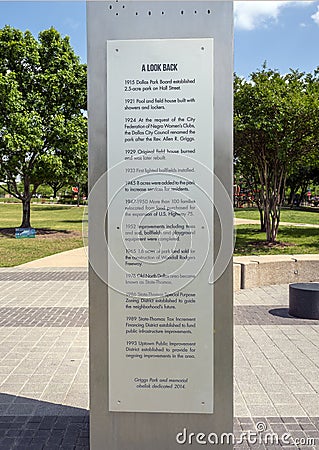 Information Plaque for Griggs Park Memorial Plaza Obelisk in Uptown in Dallas, Texas. Editorial Stock Photo