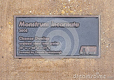 Information for `Monstrum Incarnata`, a welded metal and paint sculpture by artist Chance Dunlap at Allen Senior Recreation Center Editorial Stock Photo