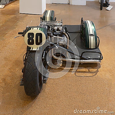 Jim Gee Triumph twin-engine racing combination 1246cc in the Haas Moto Museum in Dallas, Texas. Stock Photo