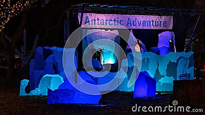 Lighted Antarctic Adventure with penguins at night at the Dallas Zoo in Texas. Stock Photo