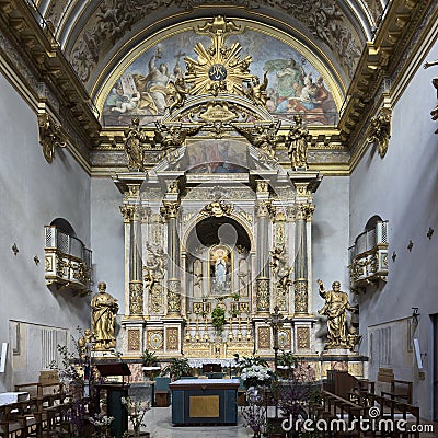 The main altar in the Church of Santa Maria Sopra Minerva in the Communal Square of Assisi in Italy Editorial Stock Photo