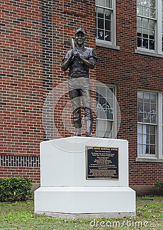 `Ernie Banks Memorial Statue` at Booker T. Washington in the Arts District of downtown Dallas, Texas. Editorial Stock Photo