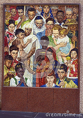 `Golden Rule` by Norman Rockwell in mosaic in the West entryway of Thanksgiving Square in downtown Dallas, Texas. Editorial Stock Photo