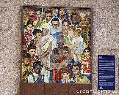 `Golden Rule` by Norman Rockwell in mosaic in the West entryway of Thanksgiving Square in downtown Dallas, Texas. Editorial Stock Photo