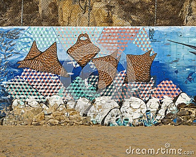 Munkiana Mobulas part of a mural titled Sea Giants on the wall of an old tuna factory on Cosario Beach in Cabo San Lucas. Editorial Stock Photo