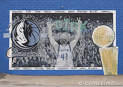 Mural with Dirk Nowitzki celebrating the 2011 NBA championship of the Dallas Mavericks, located in Deep Ellum, East Dallas, Texas Editorial Stock Photo