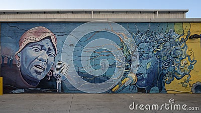 Mural featuring Erykah Badu and Bessie Smith by Dan Colcer in Deep Ellum, Texas. Editorial Stock Photo