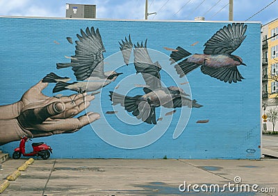 Mural by James Bullough Trinity Groves, Dallas, Texas. Editorial Stock Photo