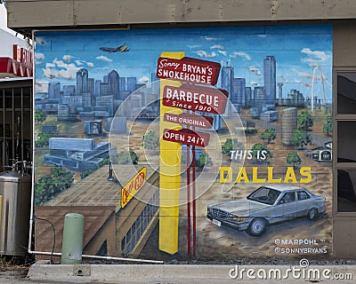 Mural by local artist Mari Pohlman on the side of the original Sonny Bryan's Smokehouse on Inwood Road in Dallas, Texas. Editorial Stock Photo