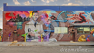 Mural by Michael McPheeters on the outside of Mark Cuban`s Cost Plus Drugs Company in Deep Ellum, Texas. Editorial Stock Photo