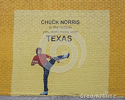 Mural featuring Chuck Norris on the side of a now vacant building in the Design District in Dallas, Texas. Editorial Stock Photo