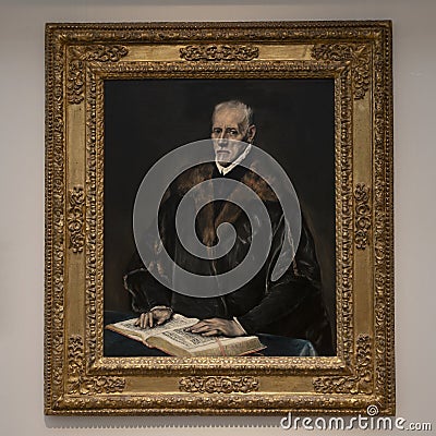 Portrait of Dr. Francisco de Pisa by El Greco on display in the Kimbell Museum of Art in Fort Worth, Texas. Editorial Stock Photo
