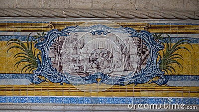 Blue, yellow and green azulejo tile panels on the side walls of the refectory of the Jeronimos Monastery in Lisbon, Portugal. Stock Photo