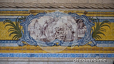 Blue, yellow and green azulejo tile panels on the side walls of the refectory of the Jeronimos Monastery in Lisbon, Portugal. Stock Photo