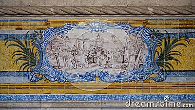 Blue, yellow and green azulejo tile panels on the side walls of the refectory of the Jeronimos Monastery in Lisbon, Portugal. Stock Photo