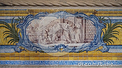 Blue, yellow and green azulejo tile panels on the side walls of the refectory of the Jeronimos Monastery in Lisbon, Portugal. Stock Photo