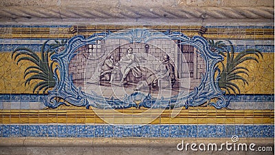 Blue, yellow and green azulejo tile panels on the side walls of the refectory of the Jeronimos Monastery in Lisbon, Portugal. Stock Photo