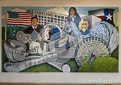 One of eleven colorful murals funded by the Dallas Bar Association, transforming the tunnel into the Courts Building in Dallas. Editorial Stock Photo