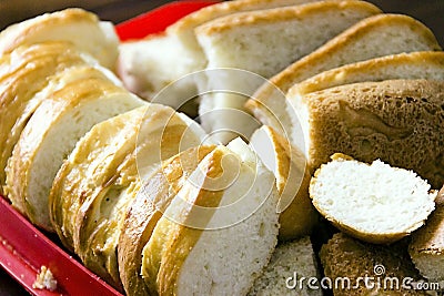 Sliced white bread on the old table. Stock Photo