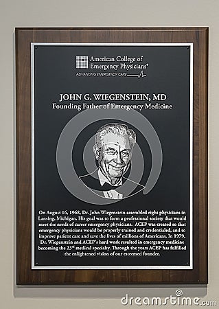Plaque honoring John Wiegenstein MD, National headquarters, American College of Emergency Physicians, Dallas, Texas Editorial Stock Photo