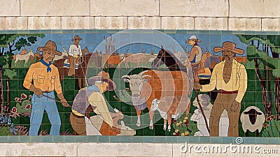 Portion of a long ceramic tile mural by Kenneth Gale at the top of the Amon Carter Auditorium in Fort Worth, Texas. Editorial Stock Photo