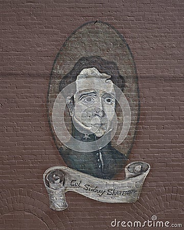 Public art mural displaying the town`s namesake, Colonel Sidney Sherman. Editorial Stock Photo