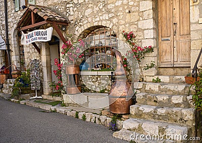 Quaint street with famous perfume store in Gourdon Village, France Editorial Stock Photo