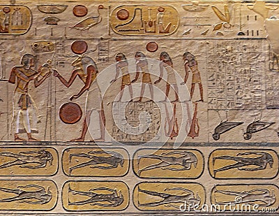 Ram headed Diety and coffins on a wall in the tomb of Rameses IX, number 6, in the Valley of the Kings in Luxor, Egypt. Editorial Stock Photo