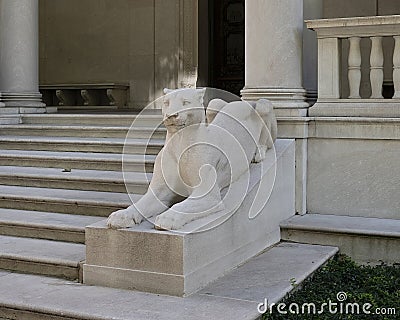 The right of two lioness sculptures by sculptor Edward Clark Potter flanking the 36th Street entrance of The Morgan Library & Muse Editorial Stock Photo