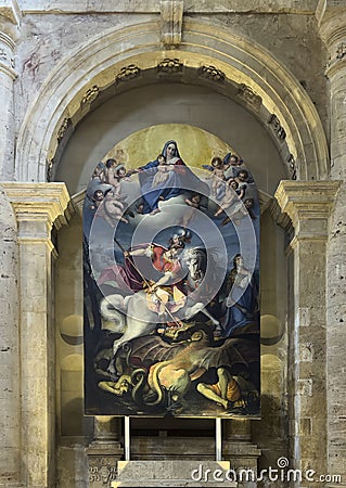 Saint George Slaying the Dragon by Angelo Righi in the Church of San Biagio in Montepulciano, Italy. Editorial Stock Photo