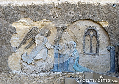 Angel Gabriele informing Mary, wall of the Virgin Mary and St. Simon the Tanner Cathedral, part of the Monastery of Saint Simon. Stock Photo