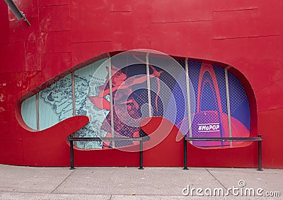 Scene on the outside of the Museum of Pop Culture, or MoPOP, in the Seattle Center. Editorial Stock Photo