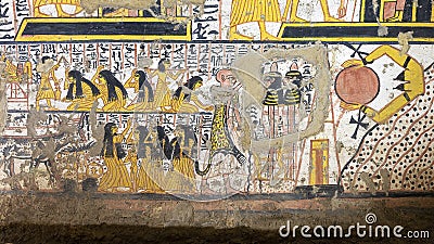 Part of the long funerary procession scene on the wall of TT219, the Tomb of Nebenmaat at Deir el-Medina. Editorial Stock Photo