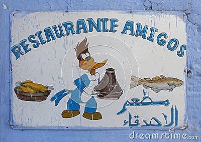 Restaurante Amigos sign in Chefchaouen, a city in northwest Morocco noted for its buildings in shades of blue. Editorial Stock Photo