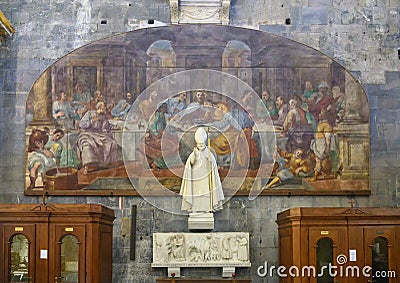 Statue of Pope John Paul II with painting of the Lord`s Supper, Genoa Cathedral Editorial Stock Photo