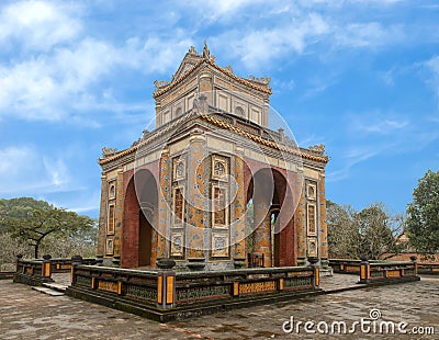 The Stele Pavilion in Tu Duc Royal Tomb, Hue, Vietnam Stock Photo